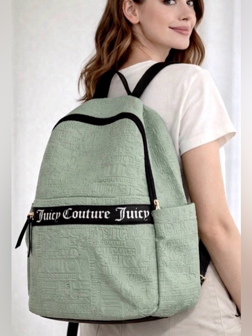 Juicy Couture Mint Green Embossed Word Search Design Backpack NWOT Y2K